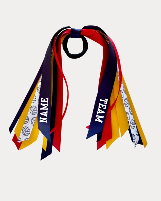 Personalised Waterfall Ribbon - Navy Blue, Red and Golden Yellow